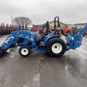LS lawn mower tractor with front end loader and rear backhoe
